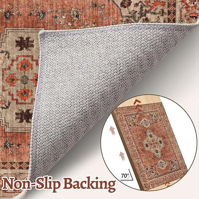 Tangsoo 2.6x8 Washable Runner Rug for Hallways, Non Slip Vintage Runner Rug, Soft Low Pile Long Rug Runner, Print Distressed Terracotta Carpet Runners for Kitchen Bedroom Entryway Bathroom Living Room