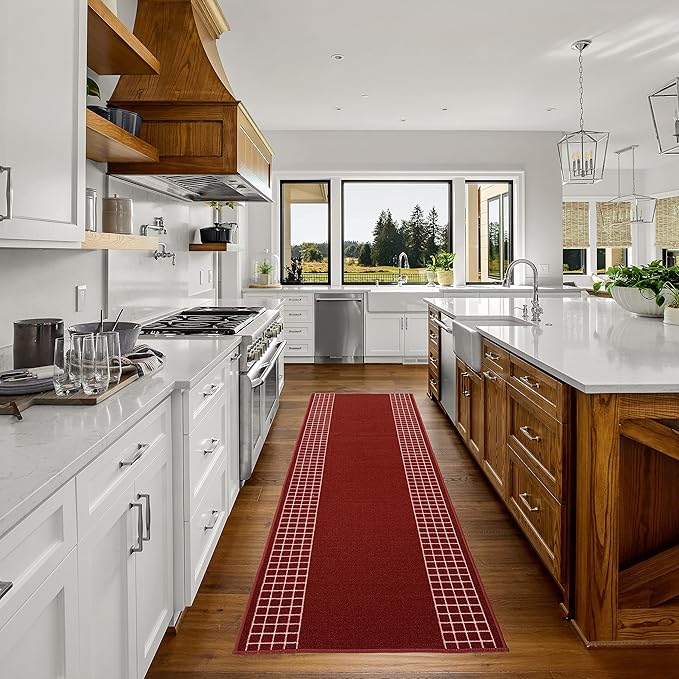 Custom Made Runner Rug for Kitchen Foyer Hallway Entry Choose Your Length 26 Inch Wide Geometric Checkered Design Red Color (22 feet x 26 inch)