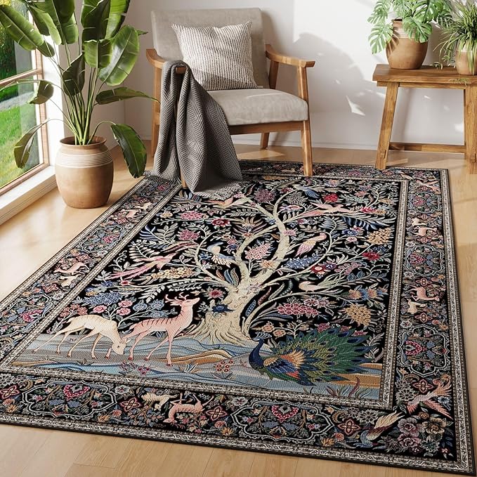 Rugcomf Area Rugs 4x6 Vibrant Tree of Life-Patterned Vintage Washable Rugs Non Slip Low Pile Small Carpet for Bedroom Bedside Kids Room Office Dining Room, Black
