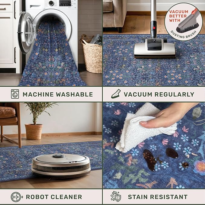 Boho 8x12 Washable Dark Blue Rug for Living Room - Large Area Rug for Dining Room Under Table, Bedroom Under Bed, Vintage Floral Design, Low Pile & Soft Indoor Décor