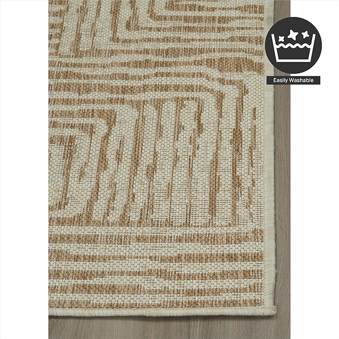 FH Home Flat Woven Outdoor Rug - Waterproof, Easy to Clean, Stain Resistant - Premium Polypropylene Yarn - Modern Geometric - Patio, Porch, Deck, Balcony - Budapest - Beige - 5ft 2in x 7ft 6in