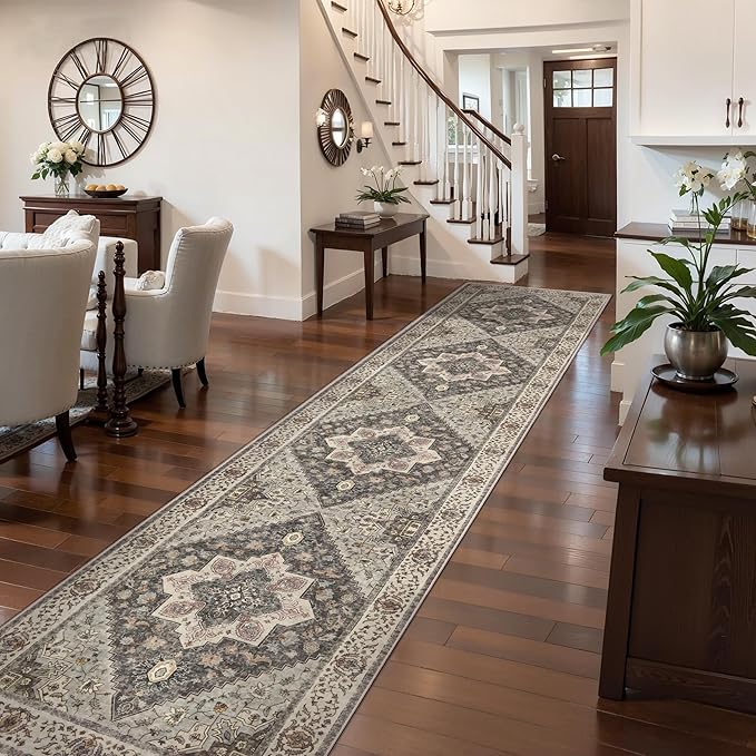 Tangsoo Hallway Runner Rug 2.6x12 Washable Runner Rug for Hallways, Non Slip Vintage Soft Low Pile Long Rug Runner, Print Distressed Carpet Runners for Kitchen Bedroom Entryway Bathroom Living Room