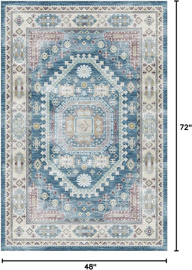 vivorug 4x6 Rug, Small Area Rug for Living Room, Bedroom, Kitchen, Machine Washable Non-Slip Throw Rug, Vintage Distressed Medallion Carpet for Entryway Nursery Dinner Room - Durable (Blue)