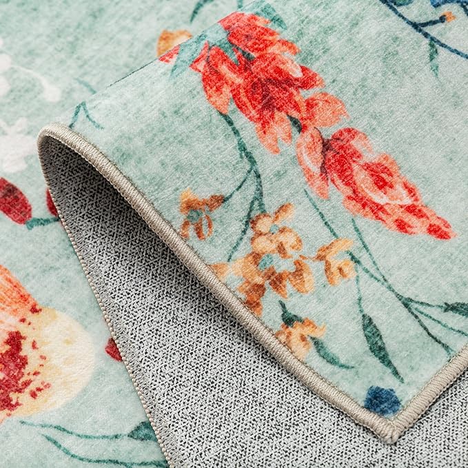 Floral Runner Rug 3x10 Washable Hallway Long Green Bedroom Carpet Non Slip Indoor Boho Kitchen Low Pile Accent Rug Lightweight Soft for Bathroom Dining Laundry Living Room