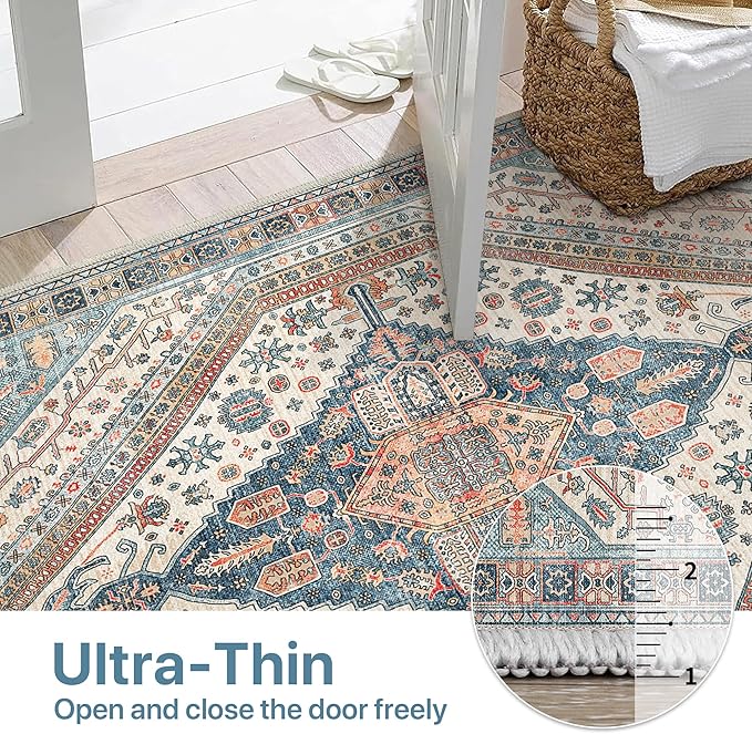 Bavni Kitchen Rug 2x5 Runner Rugs for Hallways Entryway, Washable Vintage Print Carpet, Ultra-Thin Chenille Low Pile Lightweight Rug with Non Slip Backing, Blue/Orange