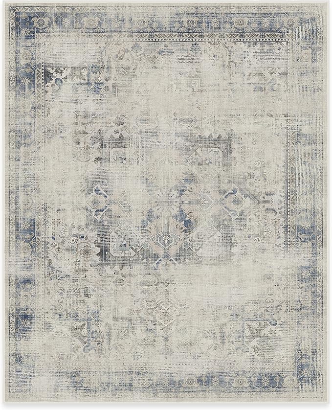 RUGGABLE Washable Vintage Area Rug – Kamran Blue Quartz 8x10, Stain-Resistant, Non-Slip – Large Machine Washable Rugs for Living Room, Bedroom, Hallway, Entryway & Office–with Cushioned Pad