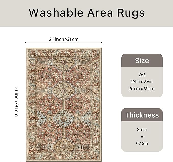 Bavni 2x3 Rugs for Entryway Indoor, Machine Washable Area Rug Non Slip, Vintage Distressed Throw Rugs, Ultra-Thin Small Entry Carpet, Low Pile Door Mat for Entrance, Bedroom, Kitchen, Bathroom, Spice