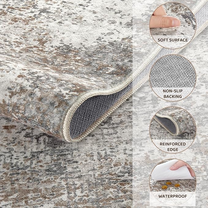 Area Rug Living Room Rugs - 9x12 Washable Large Soft Indoor Neutral Modern Abstract Low Pile Rug Carpet for Bedroom Dining Room Farmhouse Home Office - Brown/Grey/Black