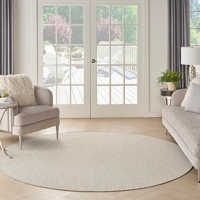 Nourison Home Courtyard Ivory Silver 6' x Round Area Rug - Easy Clean, Non Shedding, Bed Room, Living Room, Dining Room, Kitchen (6' x Round)