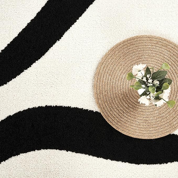 Abani Abstract Beige/Black Area Rug - 4'x6' - Modern Curved Line Design - Deco Collection - Easy to Clean - Durable for High Traffic Areas - Bedroom, Office & Kitchen - Medium Pile