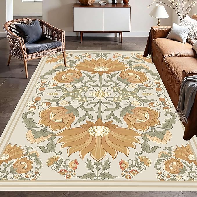 Abstract Sunflower Area Rugs, 4x5ft, Traditional Rustic Vintage Tropical Floral Theme Beige Farmhouse Boho Carpet, Shaggy Low Pile Fade Resistant Home Goods Rug for Living Room Kitchen