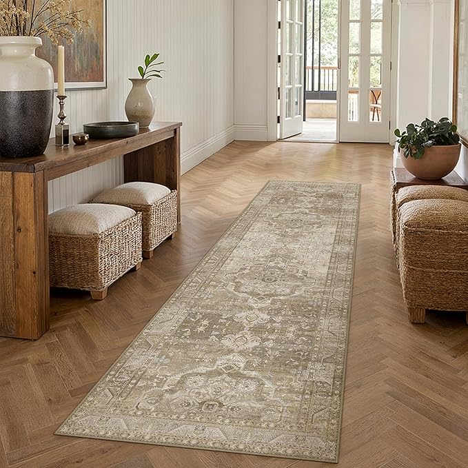 2x8 Washable Vintage Runner Rug for Living Room Bedroom Non Slip Distressed Traditional Soft Runner Rug Beige Brown Low Pile Lightweight Floral Runner Kitchen Hallway Balcony