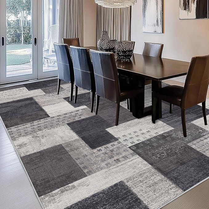 Modern Geometric Patchwork Indoor Area Rug for Living Room, Charcoal 6'x 9' Large Rug Rockwood Collection Hardwood Floors Decor for Bedroom, Grey Throw Carpet for Office Entryway Dining Room