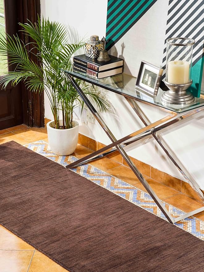 Hand Knotted Loom Wool ECO-Friendly Area Rugs - 2'6''x10', Runner, Brown Color, Solid Plain Design, High Pile Handmade Anti Skid Area Rugs for Living Room, Bed Room (L00111)