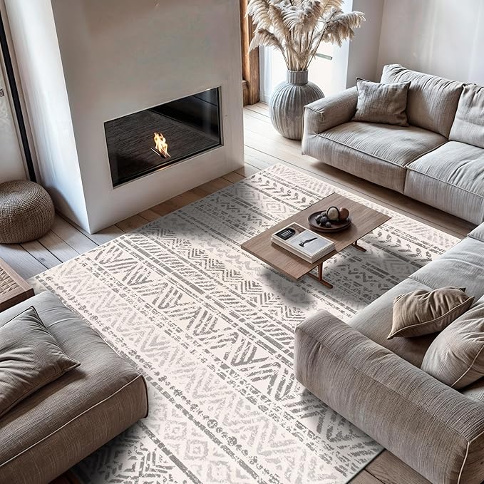 Rugshop Geometric Boho Large Area Rug – Gray Tribal Pattern, Perfect for Living Room, Bedroom, Dining Room, 7'10" x 10'