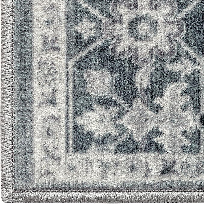 DEXI 9x12 Area Rug for Living Room, Washable Vintage Farmhouse Thin Rug Indoor Floor, Non Slip Stain Resistant Low Pile Carpet for Dining Room Bedroom Office, Blue Grey