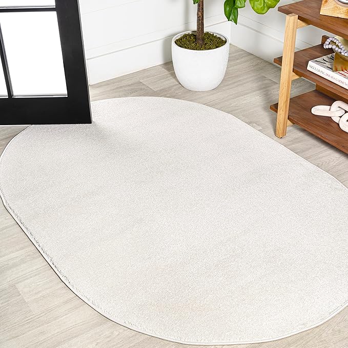 JONATHAN Y Haze Solid Low-Pile Cream 4x6 Oval Indoor Area Rug, Coastal,Bohemian,Minimalist,Classic, Easy-Cleaning for Living Room,Bedroom,Kitchen,Pet Friendly,Non-Shedding (SEU100T-4OV)