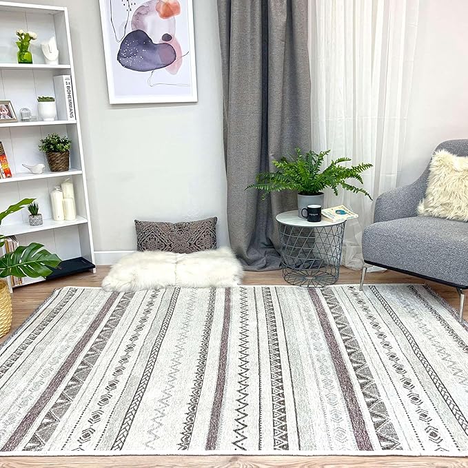 Alfa Rich 5x8 Gray Off White Washable Area Rugs for Living Room Bedroom Kitchen Decor Cotton Rug