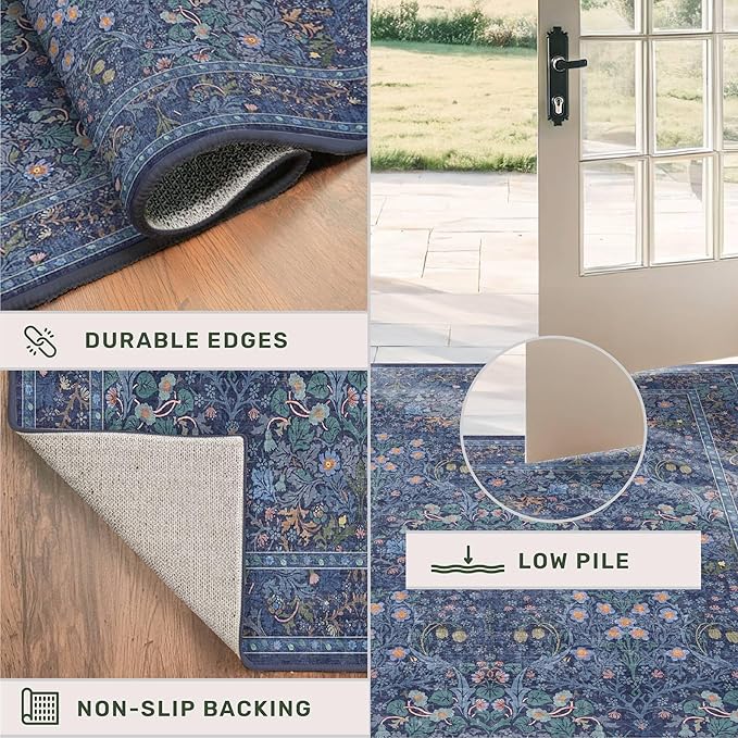 Dark Blue 3x12 Extra Long Wide Runner Rug for Hallway, Non Slip Washable, 12 ft Large Kitchen Floor Rugs for Indoor Entrance, Low Pile Stain Resistant Vintage Floral Carpet