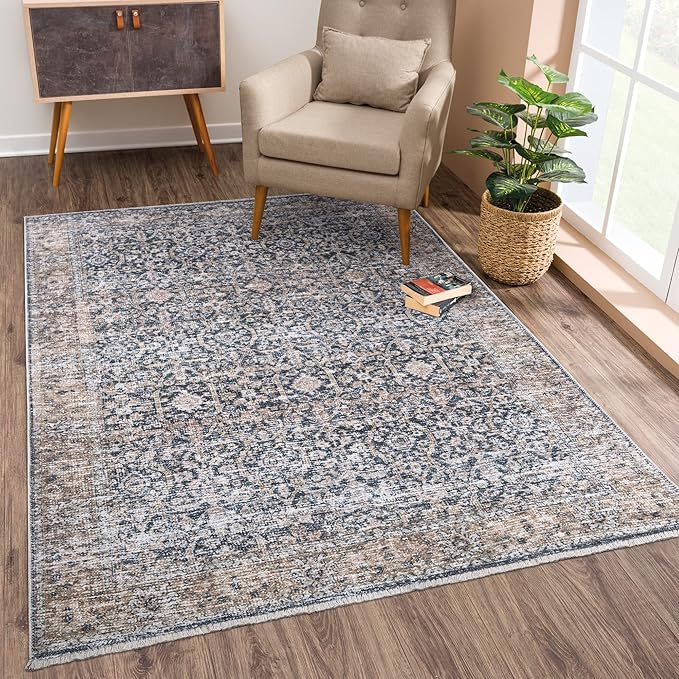 Bloom Rugs Caria Washable Non-Slip 6x9 Rug - Dark Blue/Tan Traditional Area Rug for Living Room, Bedroom, Dining Room, and Kitchen - Exact Size: 6' x 9'