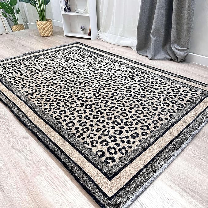 Alfa Rich 4x6 Leopard Beige Black Washable Area Rugs for Living Room Bedroom Kitchen Cotton Rug