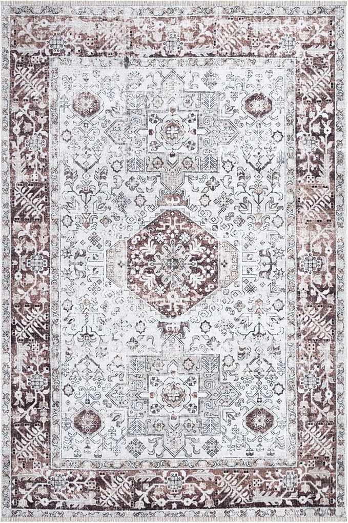 Bloom Rugs Caria Washable Non-Slip 3x5 Rug - Beige/Brown Traditional Area Rug for Living Room, Bedroom, Dining Room, and Kitchen - Exact Size: 3' x 5'