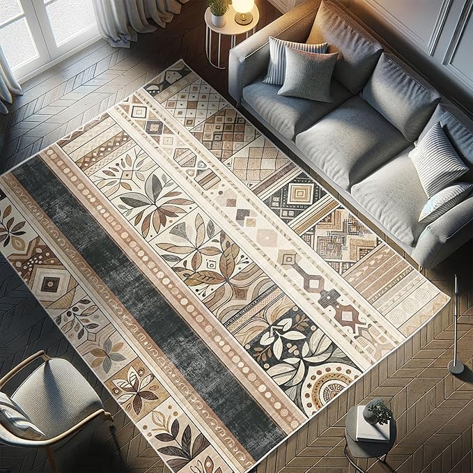 Ambesonne Southwestern Decorative Rug, Geometric Designs with Botanical Forms in Earthy Ethnic Color Palette, Quality Carpet for Bedroom Dorm and Living Room, 2' 2" x 3' 7", Black Brown Grey