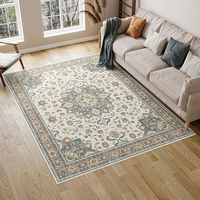 Dripex 8x10 Area Rugs - Stain Resistant Washable Rug Distressed Rugs for Living Room Dining Room Bedroom Anti-Slip Low-Pile and Soft Accent Rug Farmhouse Office Home Decor, Pet & Child Friendly