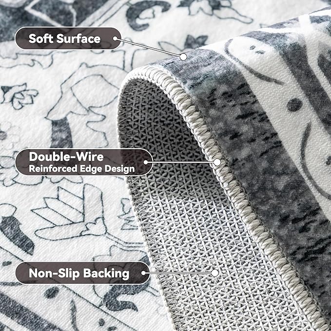 EnHomee 3x5 Washable Area Rugs for Bedroom, Boho Vintage Rugs, Foldable Area Rug for Dining Room, Non-Slip Soft Living Room Rug, Low Pile Large Carpet for Bathroom, Grey
