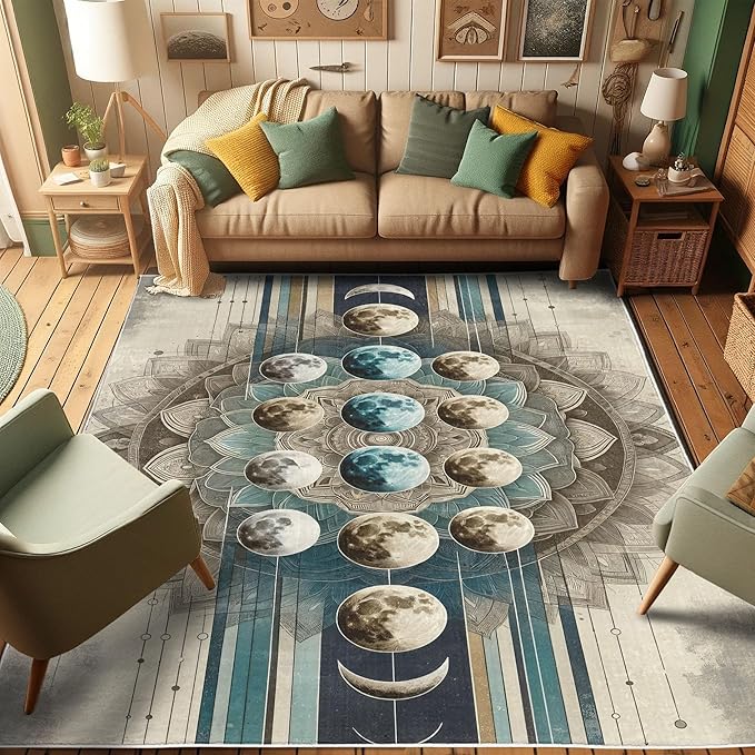 Ambesonne Lunar Art Decorative Rug, Oriental Bohemian Mandala with Moon Phase and Abstract Lines Modern, Quality Carpet for Bedroom Dorm and Living Room, 2' 2" x 3' 7", Cadet Blue and Eggshell