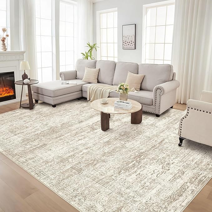 Area Rug Living Room Rugs - 5x7 Abstract Large Soft Indoor Washable Rug Neutral Modern Low Pile Carpet for Bedroom Dining Room Farmhouse Home Office - Vintage Beige