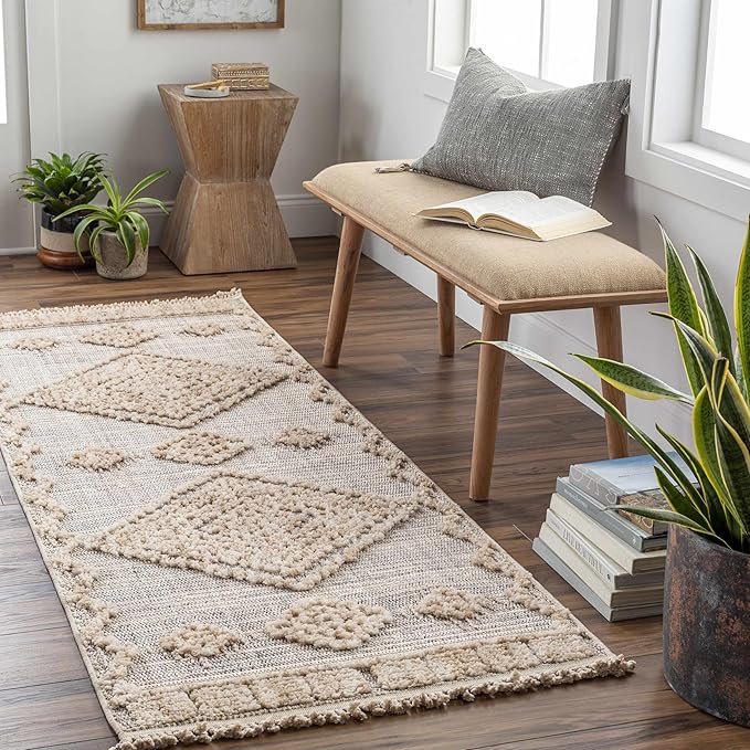 Hauteloom Ampusungan Modern Moroccan Medallion Farmhouse Hallway, Entryway Runner Rug - High Low - High Pile Long Carpet - Cream, Beige, Brown, Beige - 2'7" x 7'3"