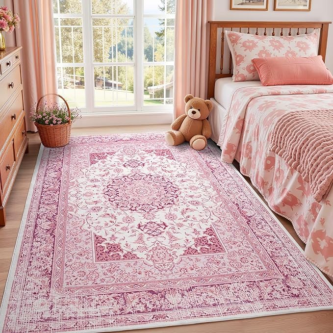 Bright Pink Area Rug for Living Room, 6x9 Machine Washable Rugs with Non-Slip Backing for Girls Bedroom, Large Vintage Carpet for Kitchen Laundry Kids Room