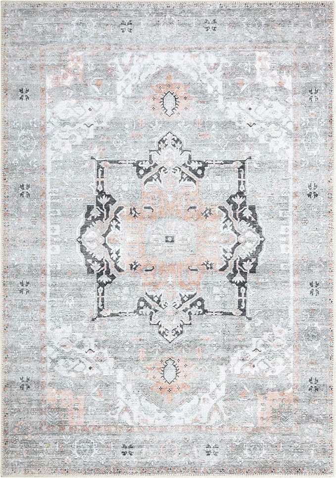 Bloom Rugs Washable Non-Slip 4' x 6' Rug - Gray/Coral Pink Traditional Area Rug for Living Room, Bedroom, Dining Room, and Kitchen - Exact Size: 4' x 6'