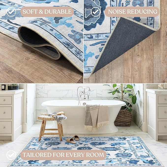 Fame Living Navy Blue Oushak Rug, Modern, Vintage, Turkish, Eclectic, Floral, Pastel, Washable, Area Rugs for Living Room, Dining, Bedroom, Office, Entryway, Foyer, Playroom, Nursery, 5'x6'9"