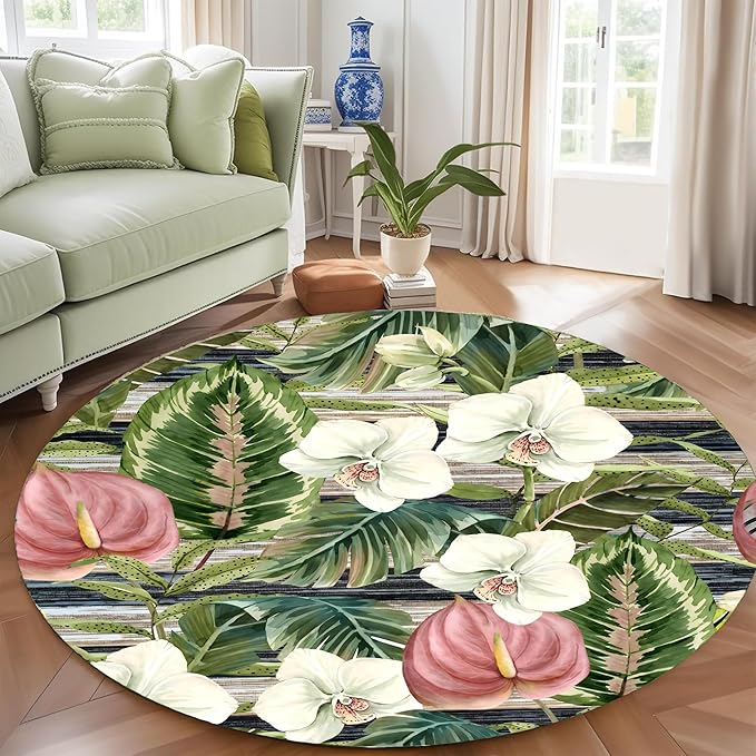 5ft Round Indoor Rug Non-Shedding Machine Washable，Low Pile Non-Slip Carpet with Tropical Floral Pattern，Soft Floor Mat for Living Room, Bedroom, Mudroom Easy Clean Home Decor