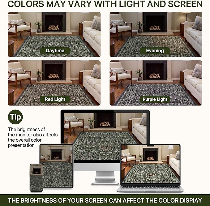Bavni 8x10 Area Rugs for Living Room, Floral Rug Machine Washable Non Slip, Vintage Boho Forest Carpet, Soft Low Pile Thin Lightweight Rugs for Bedroom, Farmhouse, Dining Room Office, Emerald Green