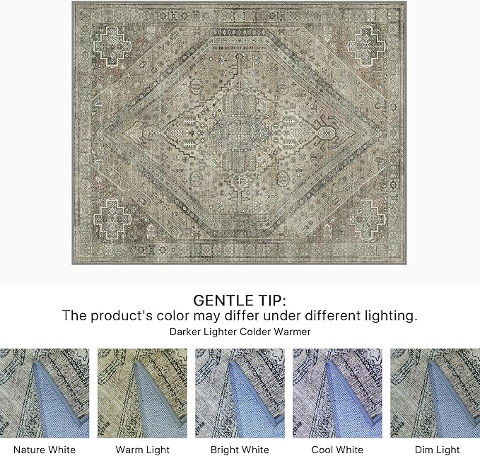 Bavni Washable Rug 3x5 Area Rug for Living Room Bedroom Dining, Washable Vintage Print Carpet, Ultra-Thin Chenille Low Pile Lightweight Rug with Non Slip Backing, Tan