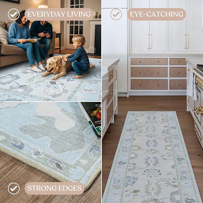 Fame Living Cream Blue Oushak Rug, Modern, Vintage, Turkish, Eclectic, Floral, Pastel, Washable, Oversized, Extra Large Area Rugs for Living Room, Dining, Bedroom, Lounge 9'5"x14'