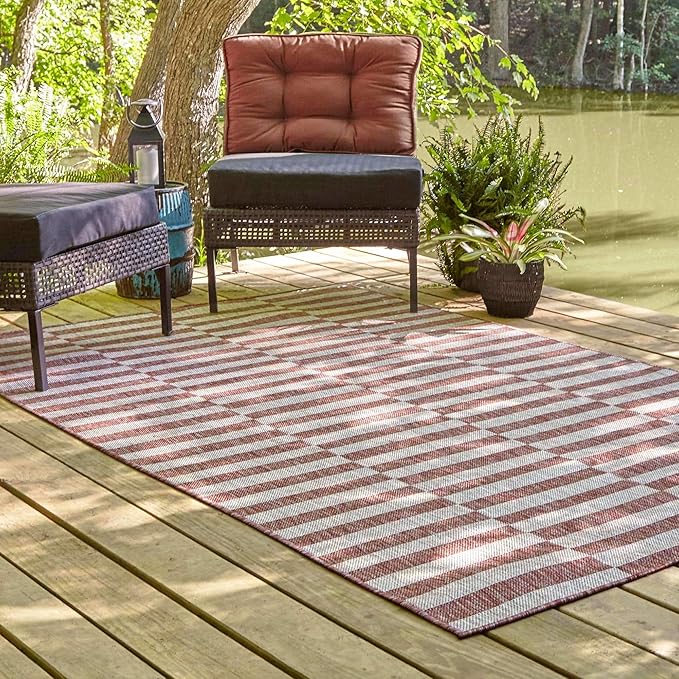 Unique Loom Outdoor Striped Collection Area Rug - Striped (6' 1" x 9' Rectangle, Rust Red/Ivory)