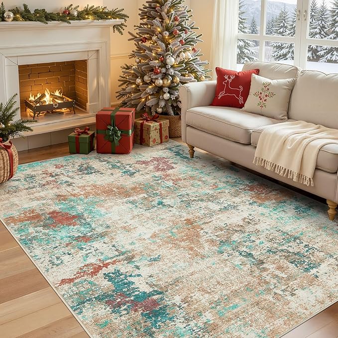 6x9 Christmas Area Rug Living Room Rugs - Washable Neutral Modern Abstract Soft Thin Large Rug Indoor Floor No Slip Rug Carpet for Bedroom Under Dining Table Home Office Decor - Colorful