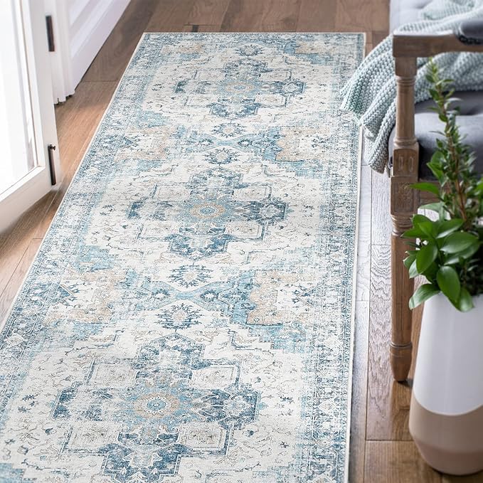 jinchan Runner Rug 2x6 Hallway Rug Kitchen Washable Runner Vintage Mat Retro Print Lightweight Non-Slip Accent Floor Cover Distressed Thin Carpet for Entryway Bathroom Bedroom Laundry Room Blue