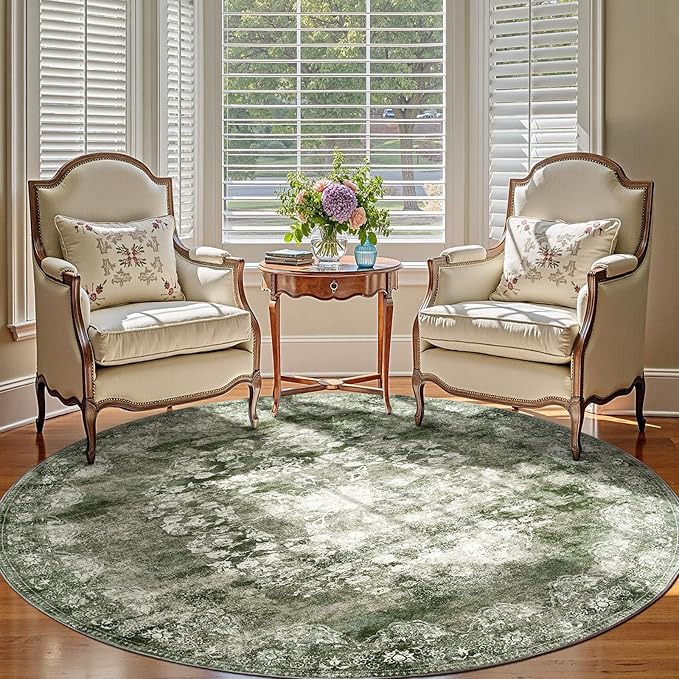 jinchan Round Rug 8ft Area Rug - Green Vintage Floor Mat Kitchen Indoor - Washable Circle 8' Thin Floral Print Carpet Retro Farmhouse Non Slip Dining Room Living Room Bedroom Office