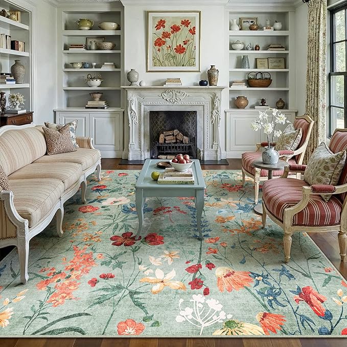 Green Area Rug 6x9 Floral Washable Living Room Kitchen Boho Carpet Non Slip Low Pile Indoor Accent Lightweight Soft Throw Rug for Bedroom Office Dining Room Nursery Farmhouse
