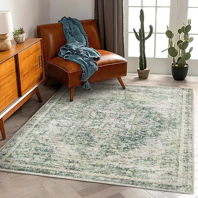 Washable Area Rug 3'x5' Vintage Traditional Floor Cover Foldable Thin Rugs Retro Kitchen Indoor Distressed Non Slip Carpet Floral Print Mat Bedroom Living Room