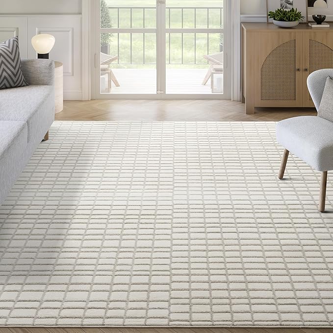 Abani Cream Grid Textured Area Rug - 5 x 8' - Chunky, Plush and Soft Washable Carpet - Perfect for Living Room & Bedroom - Plush Deco Collection