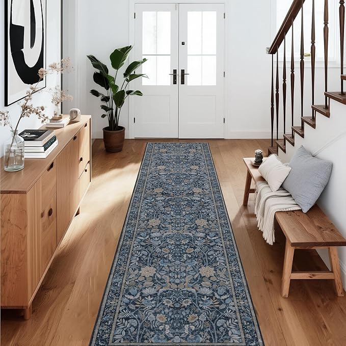 Washable Runner Rug 2x12: Vintage Boho Floral Carpet Runners for Hallway Entryway Non-Slip - Soft Botanical Low Pile Thin Mat for Kitchen Bathroom Bedroom Laundry Floor Decor - Slate Blue