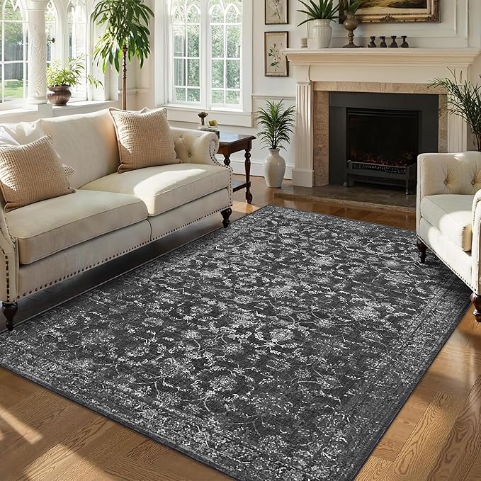 Washable Area Rug 6x9 Black Rugs for Living Room, Vintage Boho Large Rug for Bedroom Dining Room Office, Distressed Floral Print Carpet for Under Table, Soft Non Slip Low Pile Throw Carpet Indoor Mat