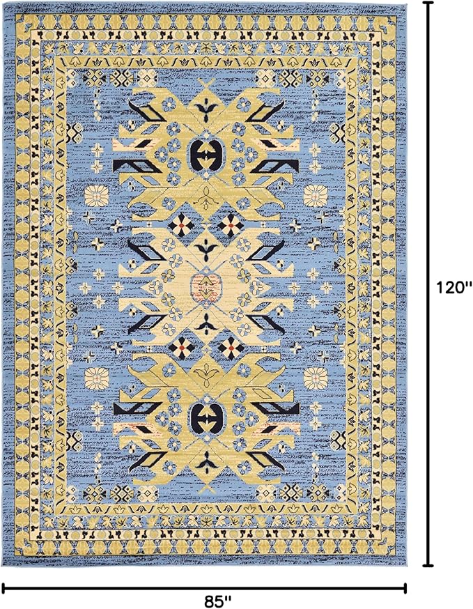 Unique Loom Taftan Collection Border Geometric Tribal Inspired Design Area Rug, 7 ft x 10 ft, Light Blue/Gold