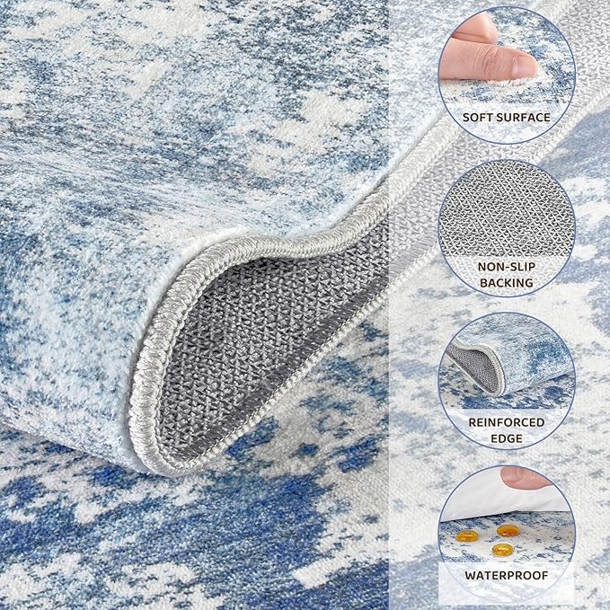 8x10 Area Living Room Rugs - Washable Neutral Modern Abstract Soft Thin Rug Indoor Floor No Slip Rug Carpet for Bedroom Under Dining Table Home Office Decor - Blue White